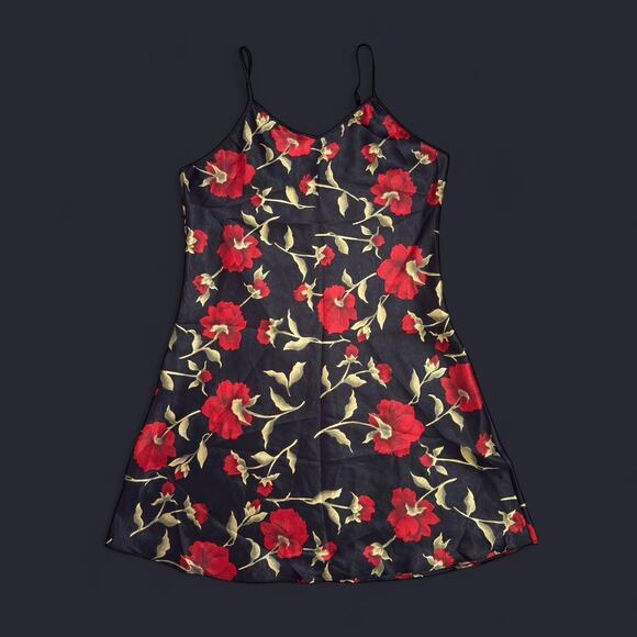 VTG Y2K Opulence Black & Red Rose Floral Romantic Grunge Mini Slip Dress L/M - Picture 5 of 7